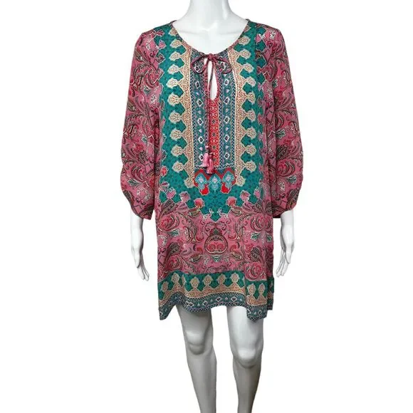 Anthropologie Tolani Silk Pink Geometric Tunic Dress Blouse Size Small Coastal - Picture 10 of 16